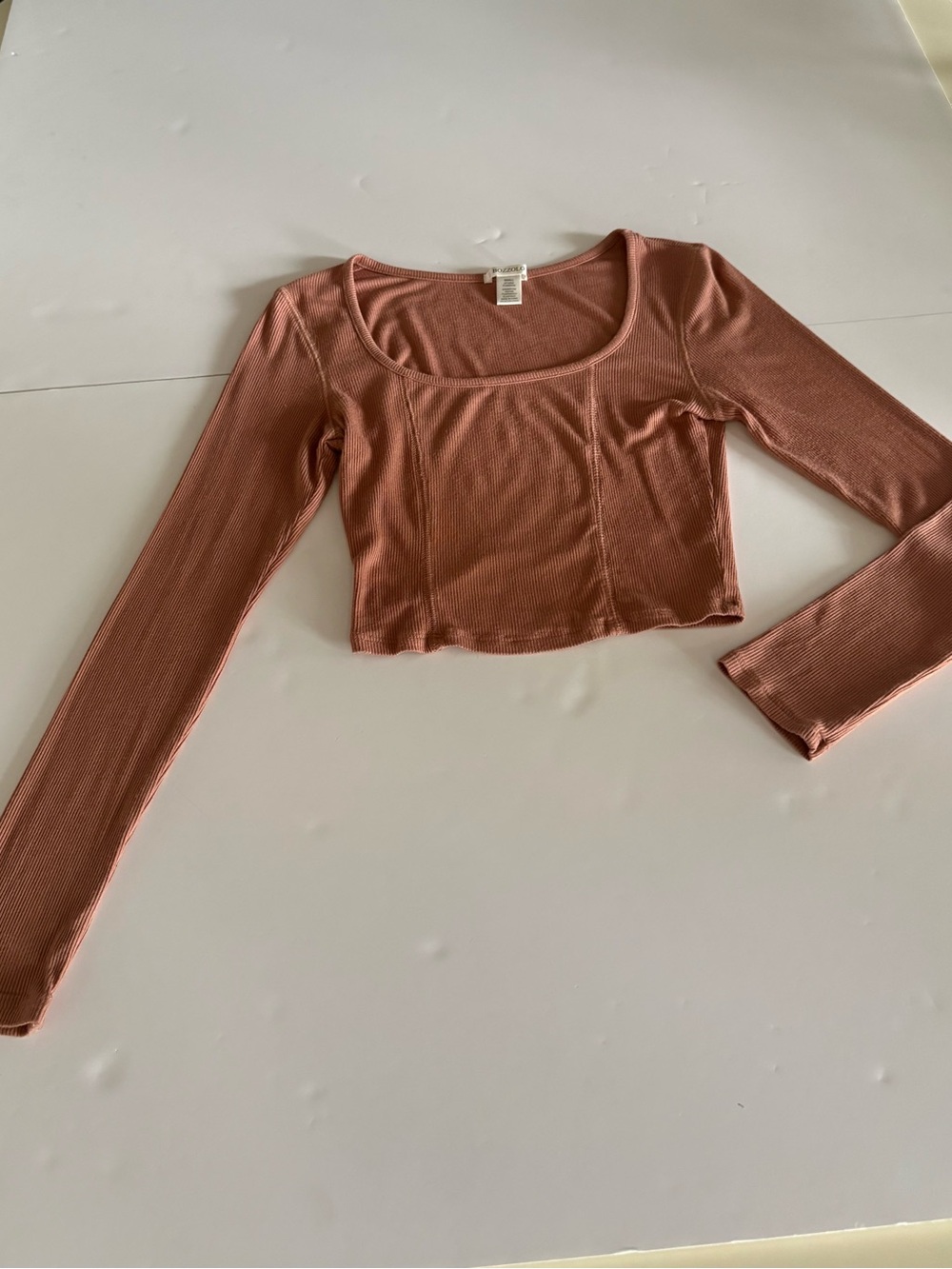 Bozzolo Ribbed Long-Sleeve Scoop Crop Top in Rose Clay